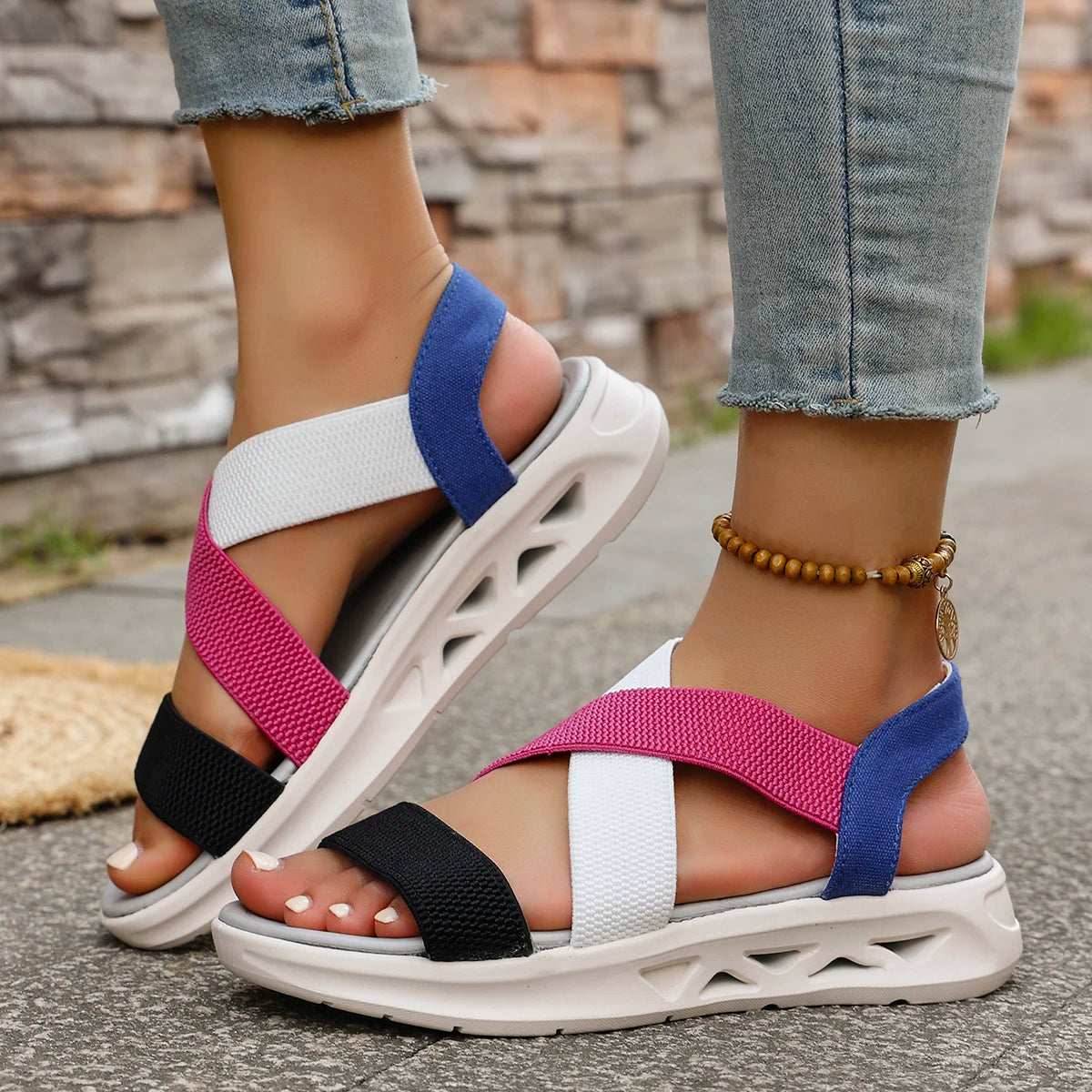 Elastic Band Design Platform Outdoor Beach Style Wedge Sandals