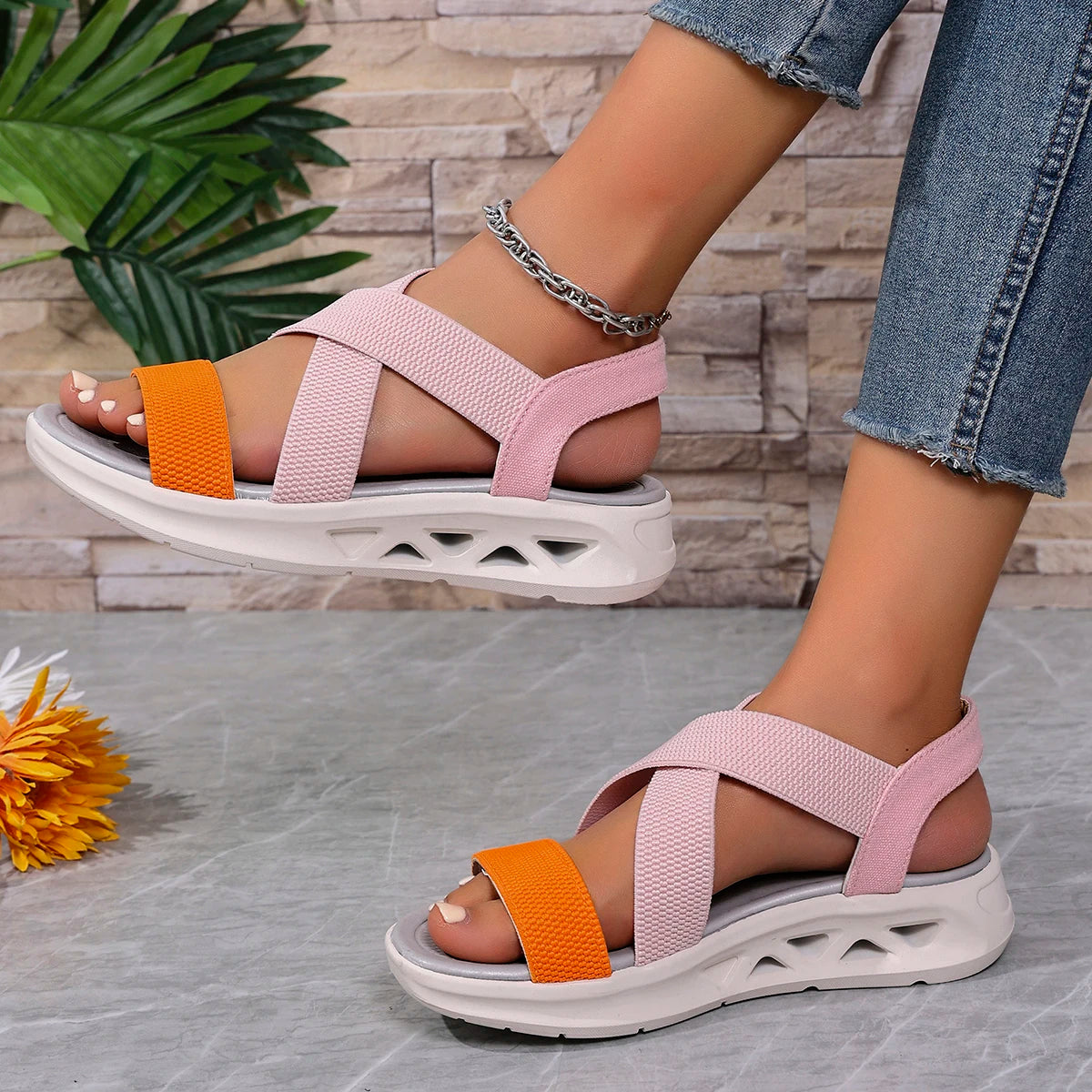 Elastic Band Design Platform Outdoor Beach Style Wedge Sandals