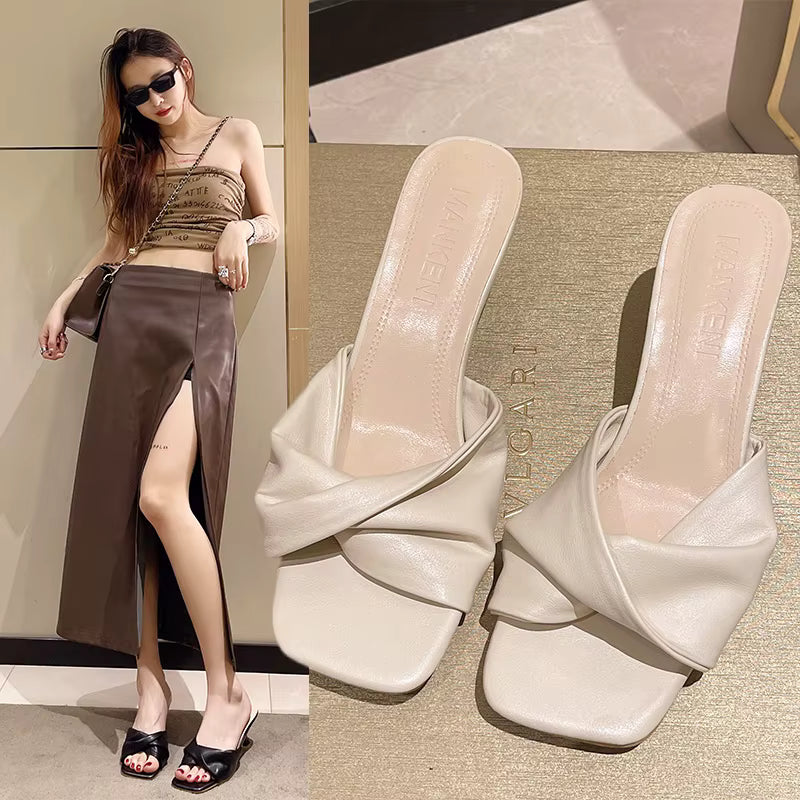 Casual Fashion Mixed Color Slip On Slides Pointed Toe Mule High Heels