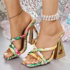 Casual Fashion Printed Strange Square Toe Cross Strap Heeled