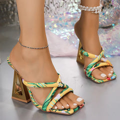 Casual Fashion Printed Strange Square Toe Cross Strap Heeled