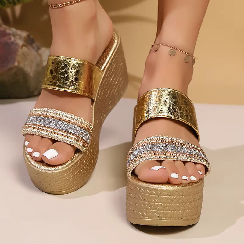 Casual Fashion Shiny Lightweight Thick Bottom Crystal High Heels