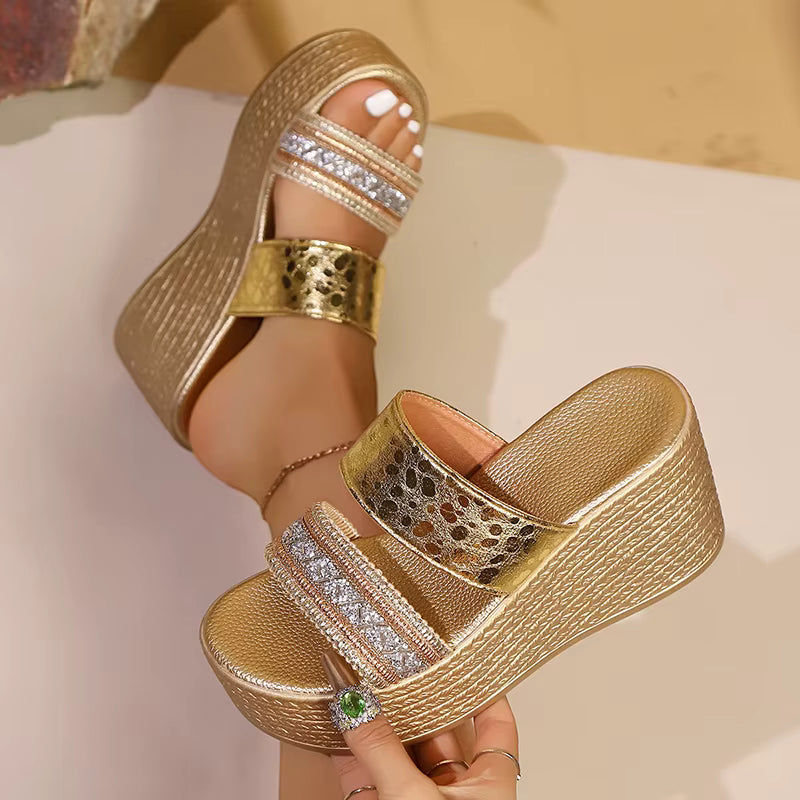 Casual Fashion Shiny Lightweight Thick Bottom Crystal High Heels