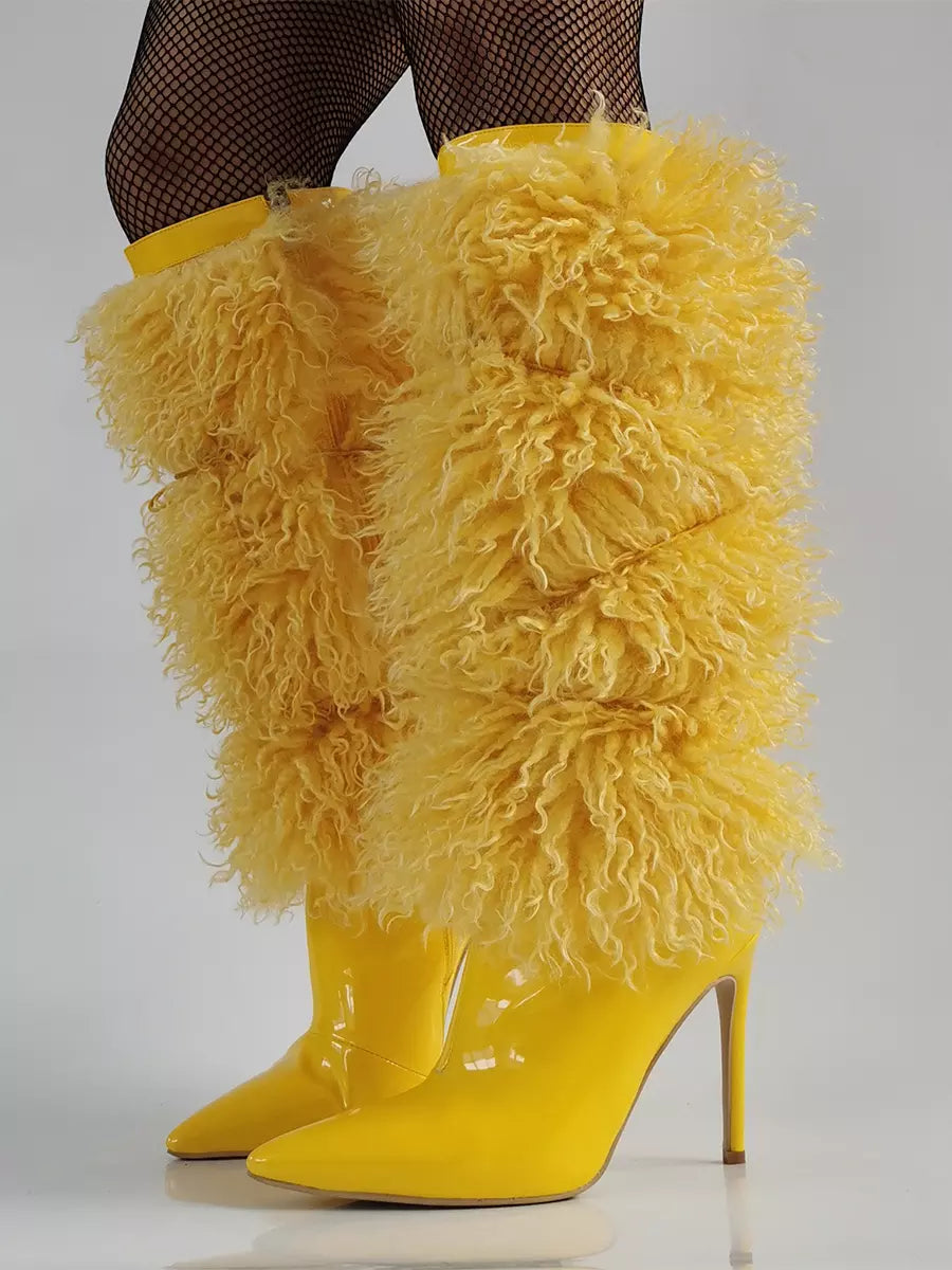 Casual Faux Fur Pointed Toe Cloth Wrapped Knee High Boots