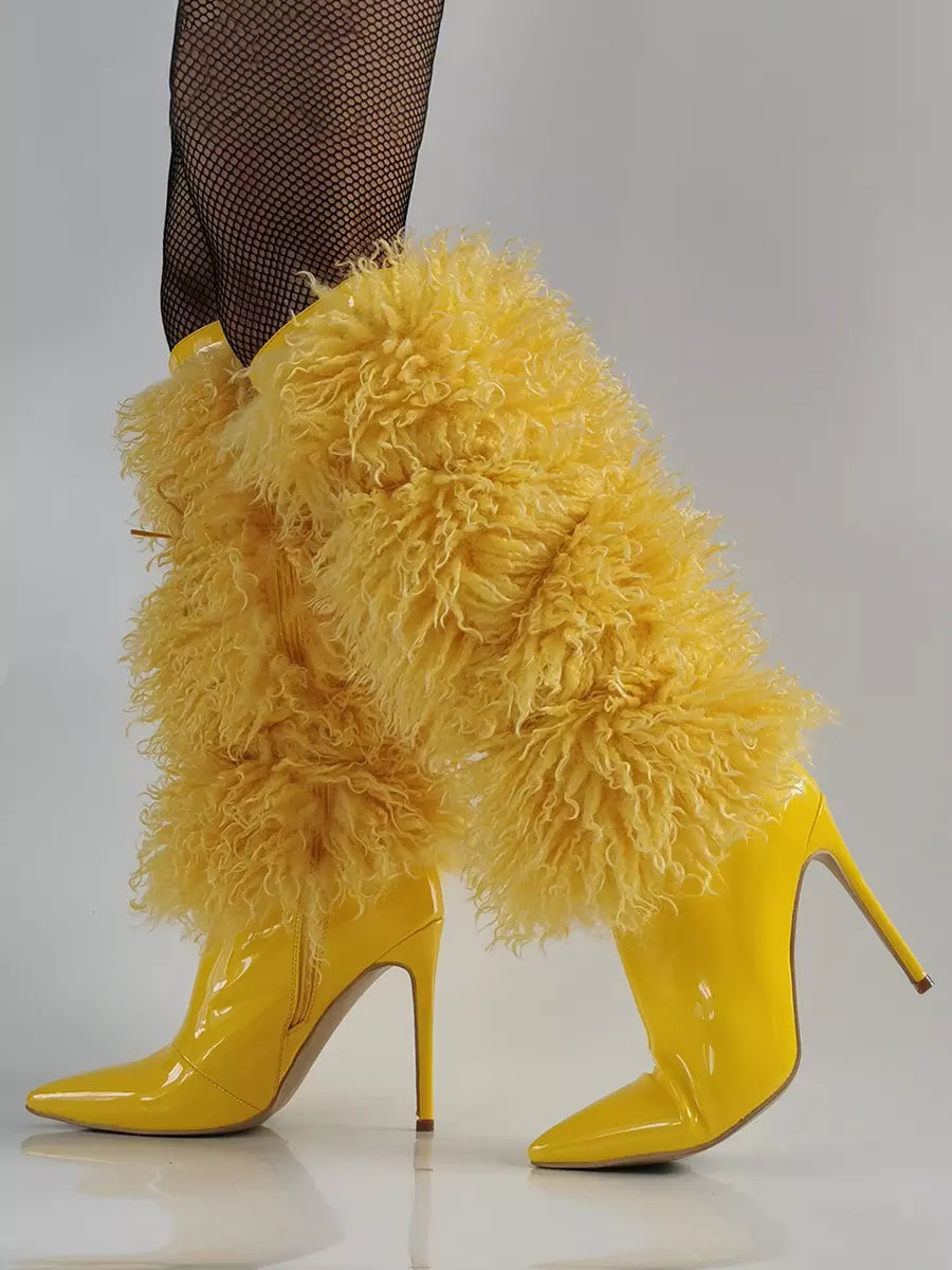 Casual Faux Fur Pointed Toe Cloth Wrapped Knee High Boots