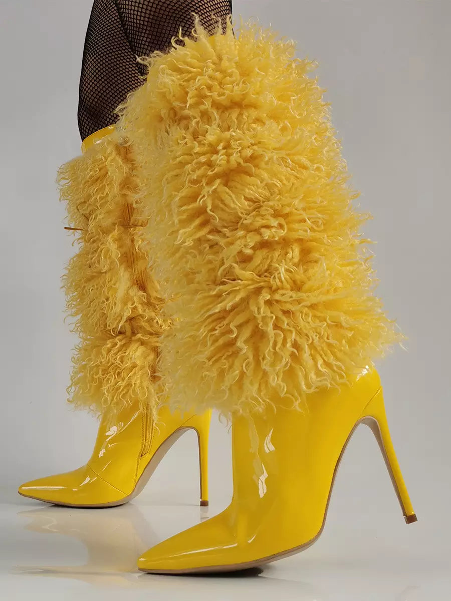 Casual Faux Fur Pointed Toe Cloth Wrapped Knee High Boots