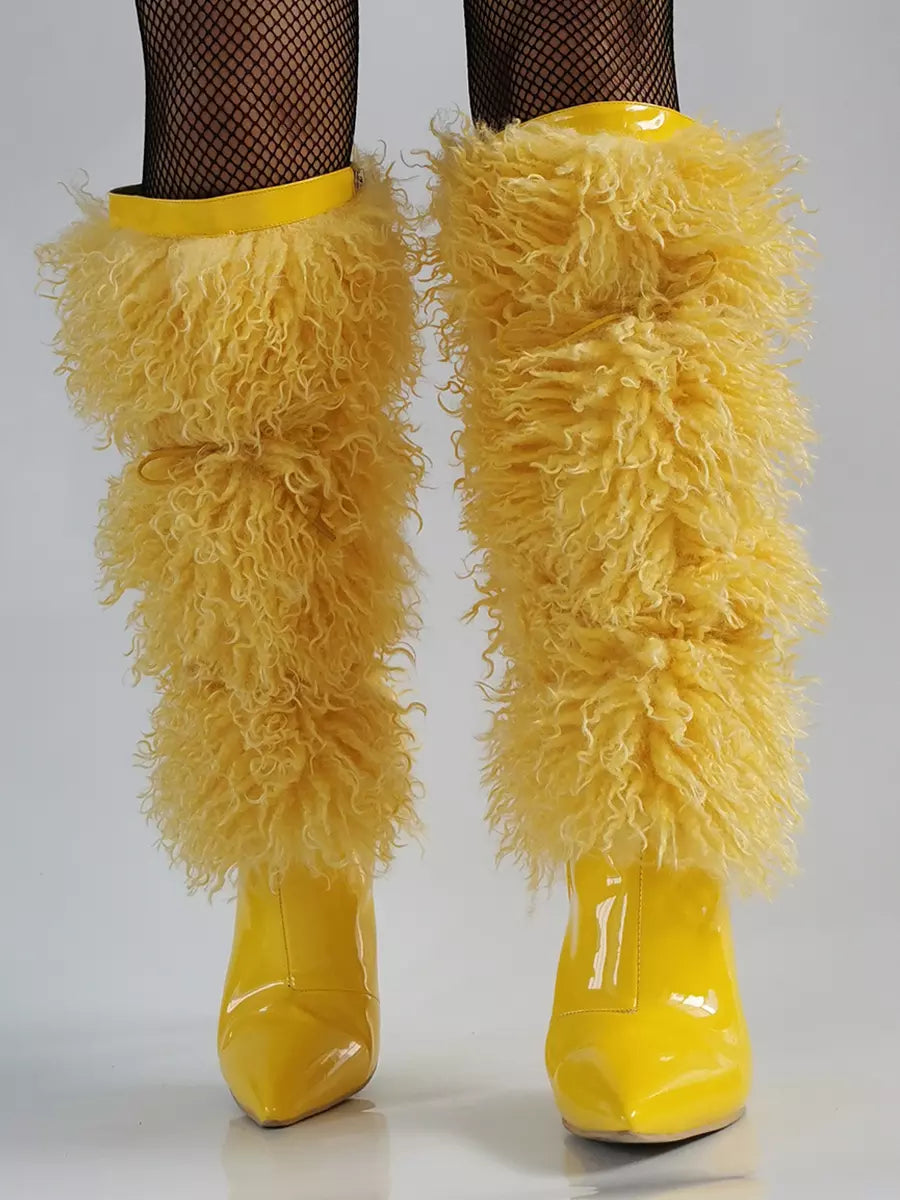 Casual Faux Fur Pointed Toe Cloth Wrapped Knee High Boots