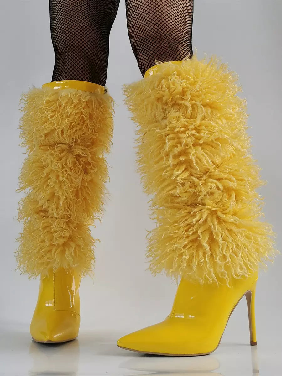 Casual Faux Fur Pointed Toe Cloth Wrapped Knee High Boots