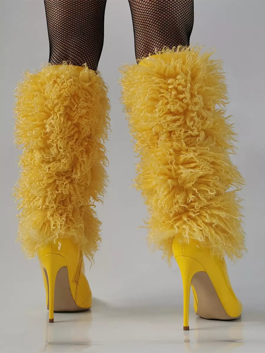 Casual Faux Fur Pointed Toe Cloth Wrapped Knee High Boots