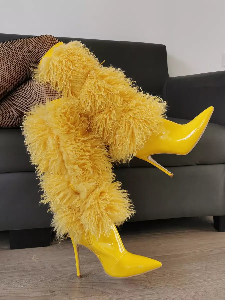 Casual Faux Fur Pointed Toe Cloth Wrapped Knee High Boots