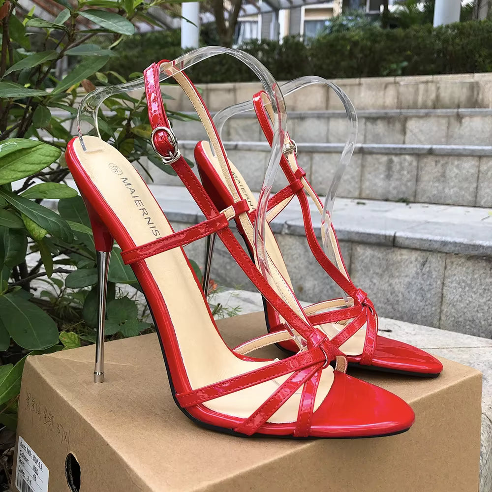 Casual Fetish Man Ankle Strap Stilettos Metal Pumps High Heels