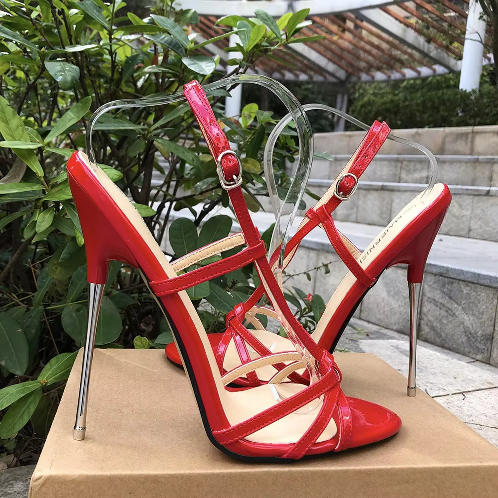 Casual Fetish Man Ankle Strap Stilettos Metal Pumps High Heels