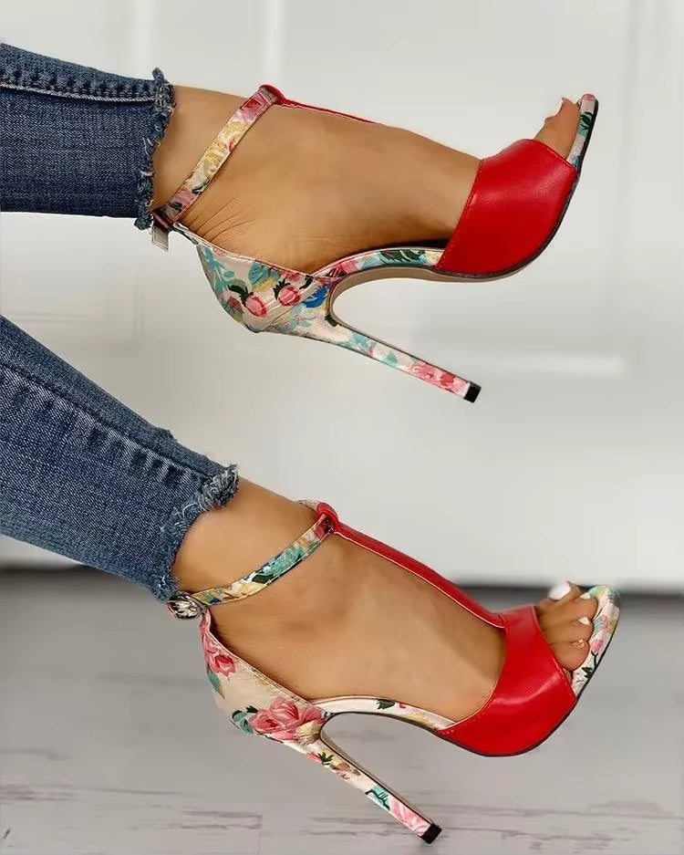 Casual Floral Print Open Toe Gladiator Party Pumps T-strap Sandals