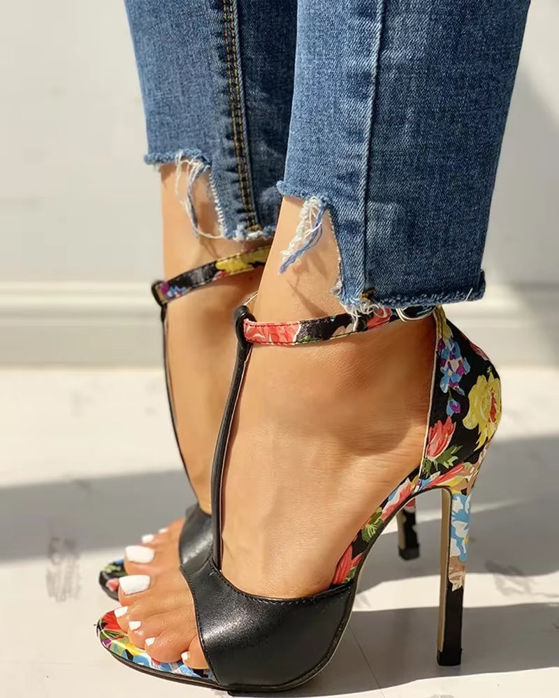 Casual Floral Print Open Toe Gladiator Party Pumps T-strap Sandals