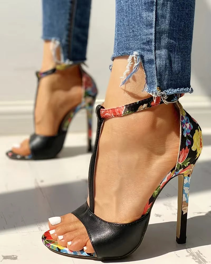 Casual Floral Print Open Toe Gladiator Party Pumps T-strap Sandals
