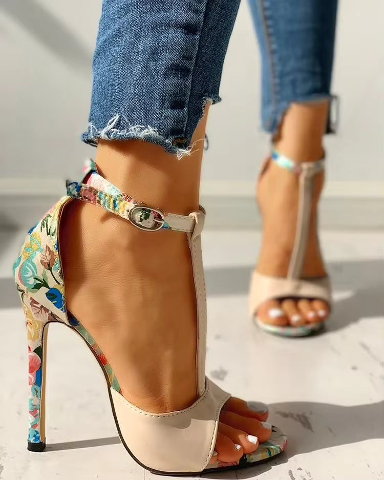 Casual Floral Print Open Toe Gladiator Party Pumps T-strap Sandals