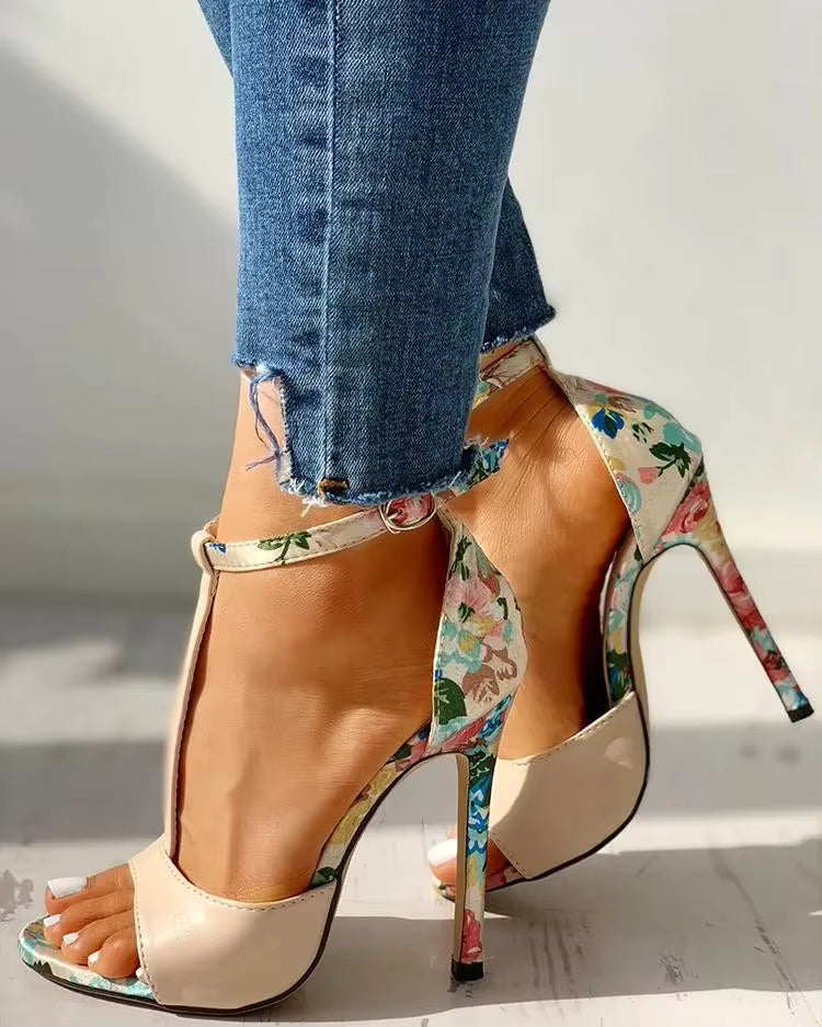 Casual Floral Print Open Toe Gladiator Party Pumps T-strap Sandals