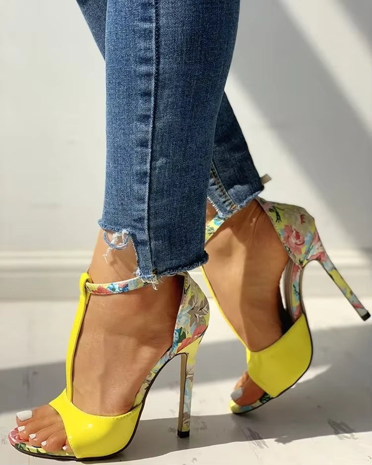 Casual Floral Print Open Toe Gladiator Party Pumps T-strap Sandals