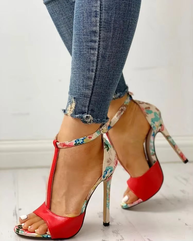 Casual Floral Print Open Toe Gladiator Party Pumps T-strap Sandals