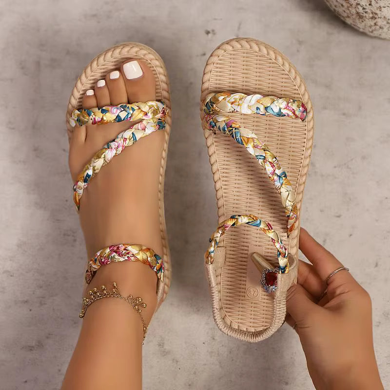 Casual  Floral Printing Flat Slip On Beach Braided Band Bohemian Sandals