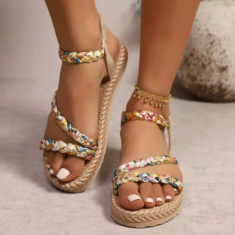 Casual  Floral Printing Flat Slip On Beach Braided Band Bohemian Sandals
