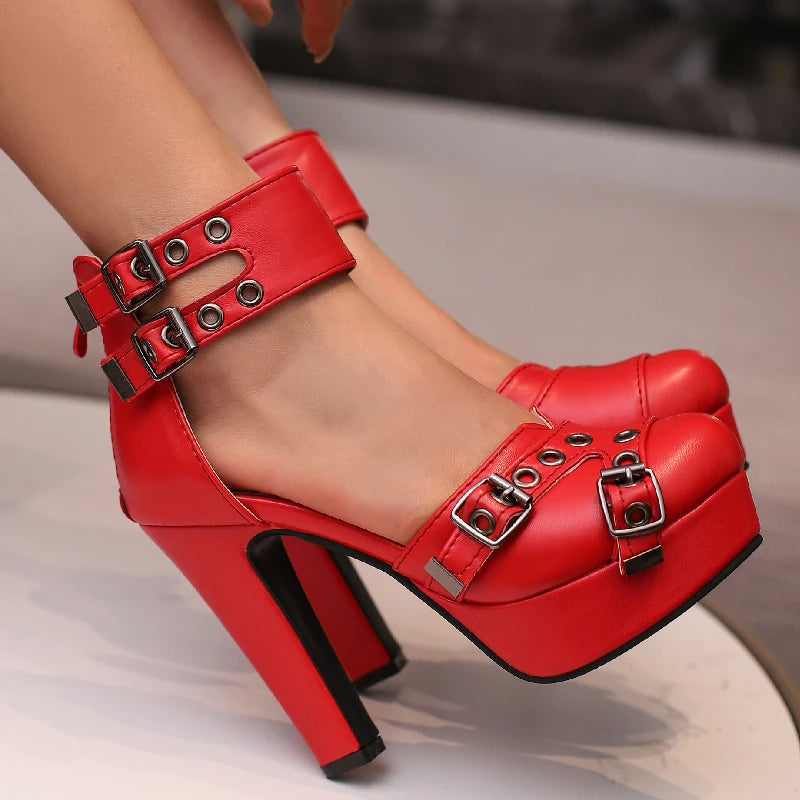 Casual Formal Wear Buckle Strap Platform Square High Heels