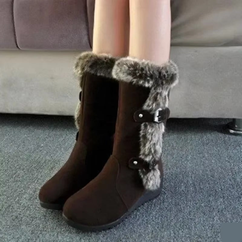 Casual Fur Solid Color Leather Slip-On Round Toe wedges Flat Keep Warm Mid-Calf Boots