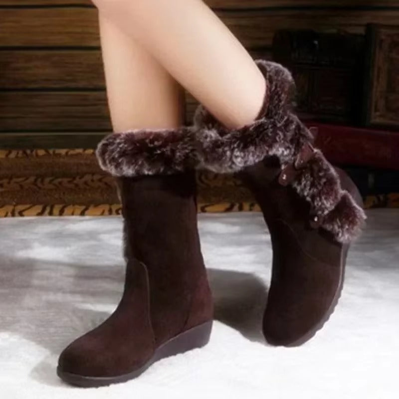Casual Fur Solid Color Leather Slip-On Round Toe wedges Flat Keep Warm Mid-Calf Boots