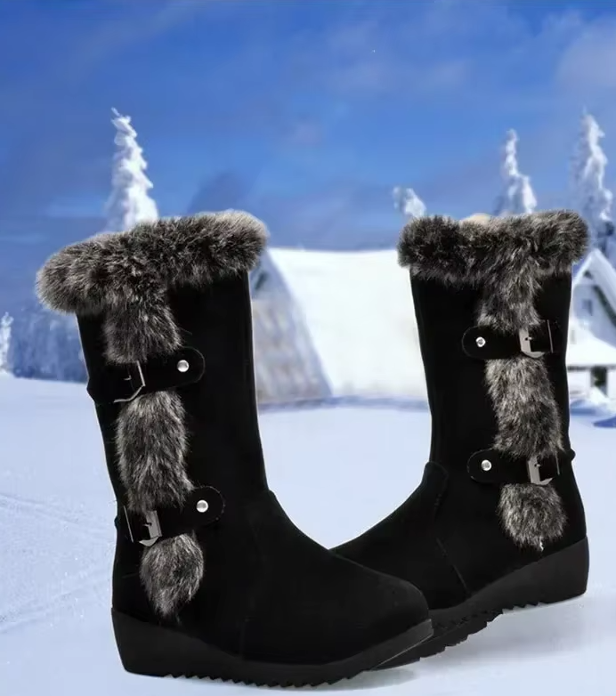 Casual Fur Solid Color Leather Slip-On Round Toe wedges Flat Keep Warm Mid-Calf Boots