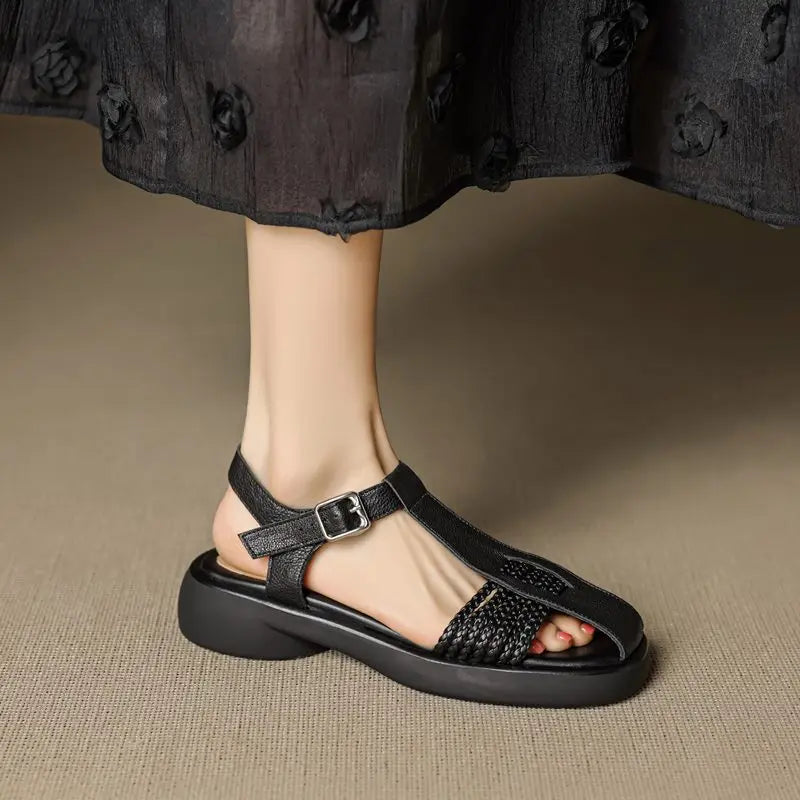 Casual Genuine Leather Buckle Strap Platform Round Toe Flat Sandals