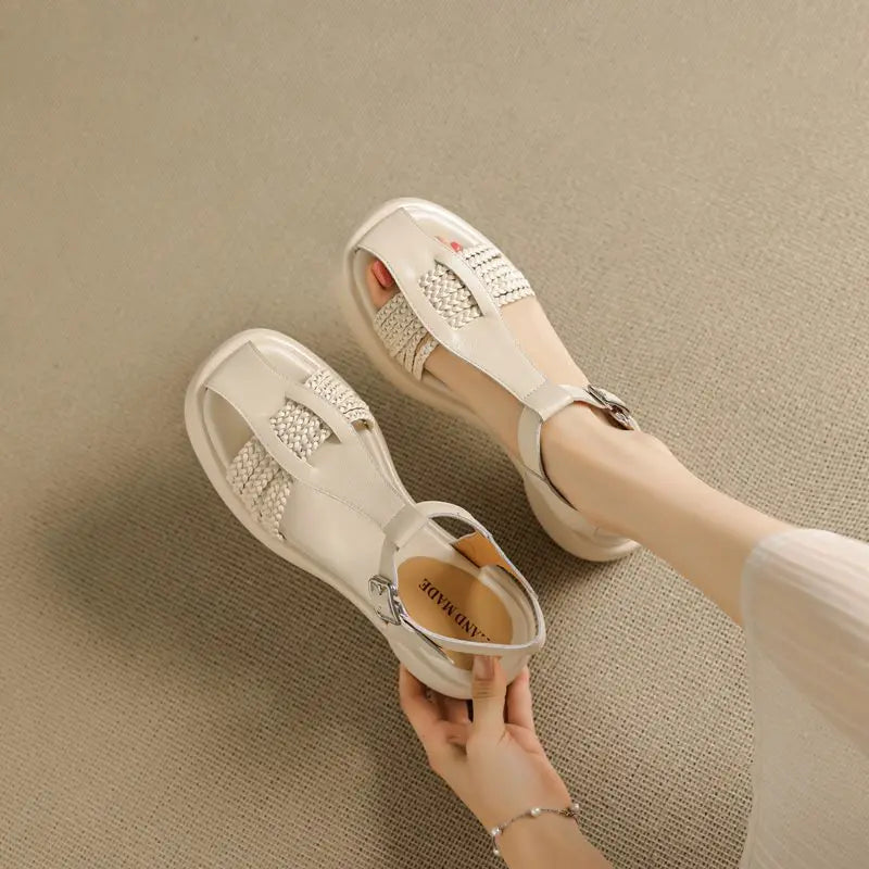 Casual Genuine Leather Buckle Strap Platform Round Toe Flat Sandals