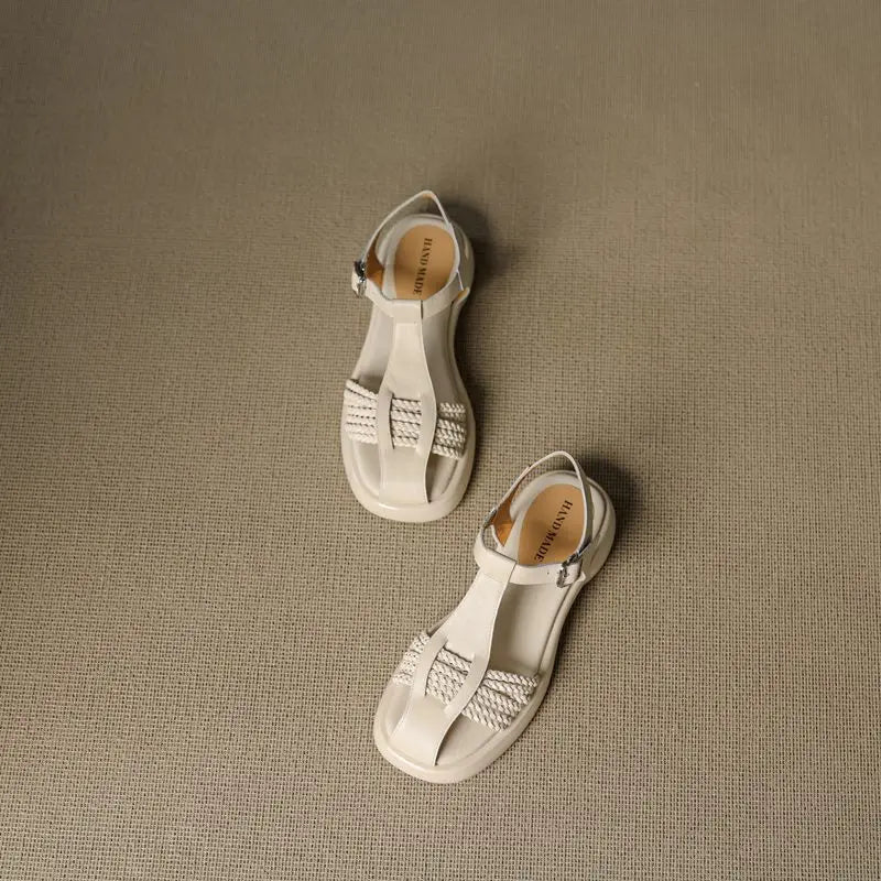Casual Genuine Leather Buckle Strap Platform Round Toe Flat Sandals