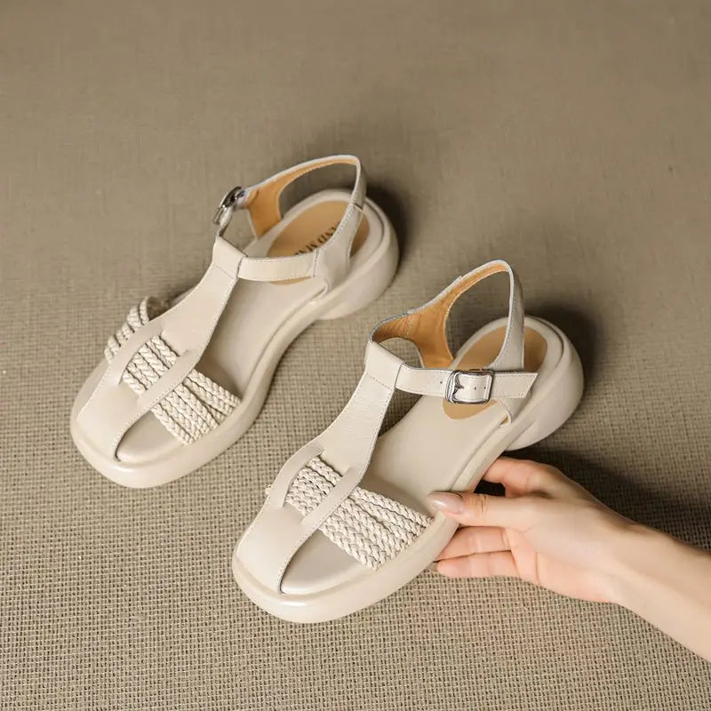Casual Genuine Leather Buckle Strap Platform Round Toe Flat Sandals
