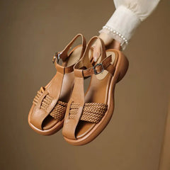 Casual Genuine Leather Buckle Strap Platform Round Toe Flat Sandals