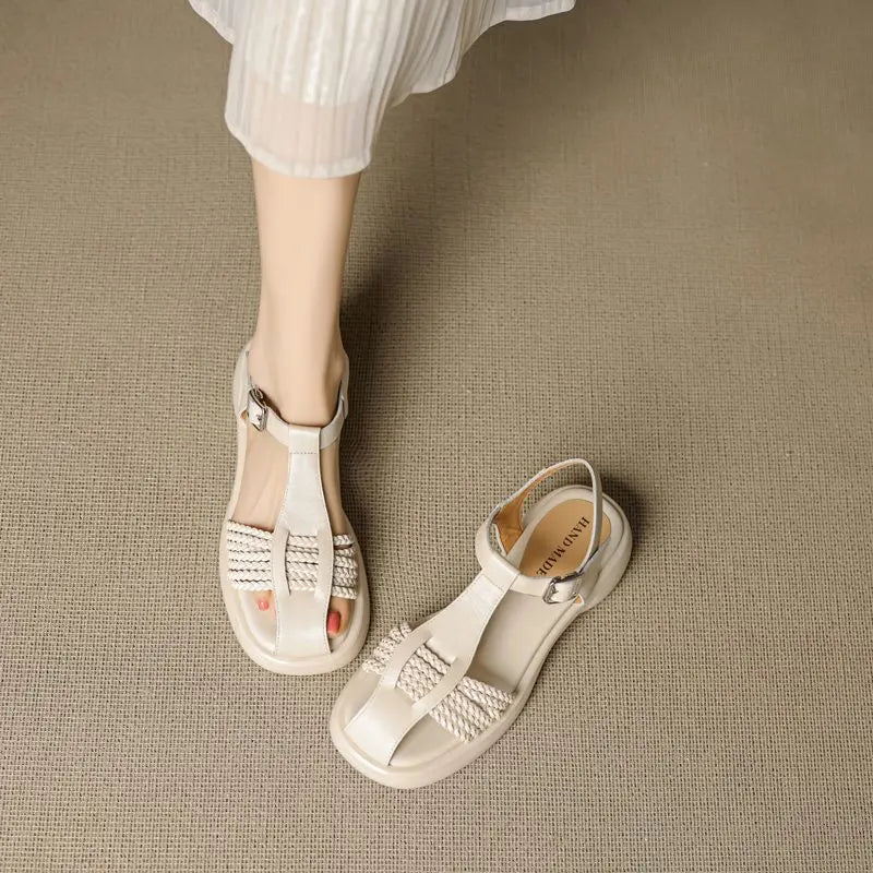 Casual Genuine Leather Buckle Strap Platform Round Toe Flat Sandals