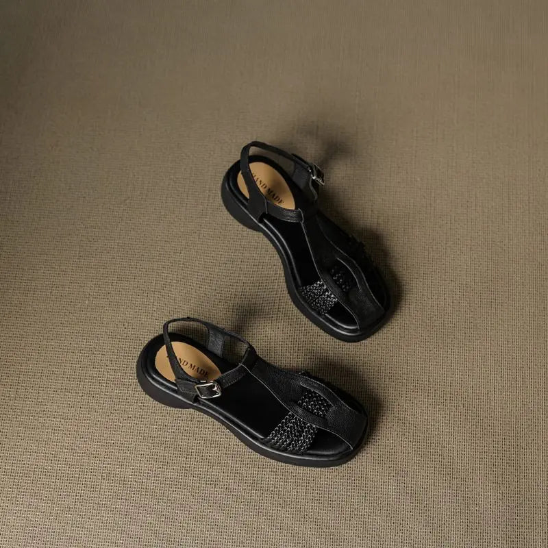 Casual Genuine Leather Buckle Strap Platform Round Toe Flat Sandals