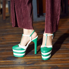 Genuine Leather Striped Thick Platform Bridal Wedding High Heels Pumps Sandals