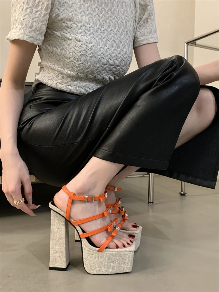 Casual Gladiator Narrow Band Buckle Strap Platform Square High Heels