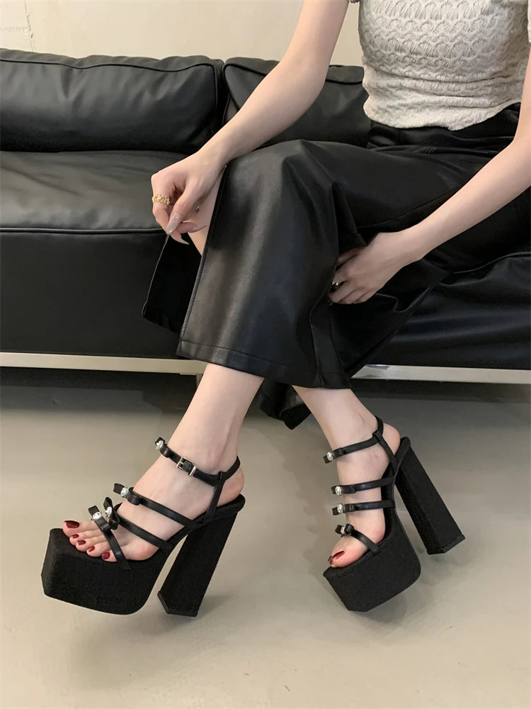 Casual Gladiator Narrow Band Buckle Strap Platform Square High Heels