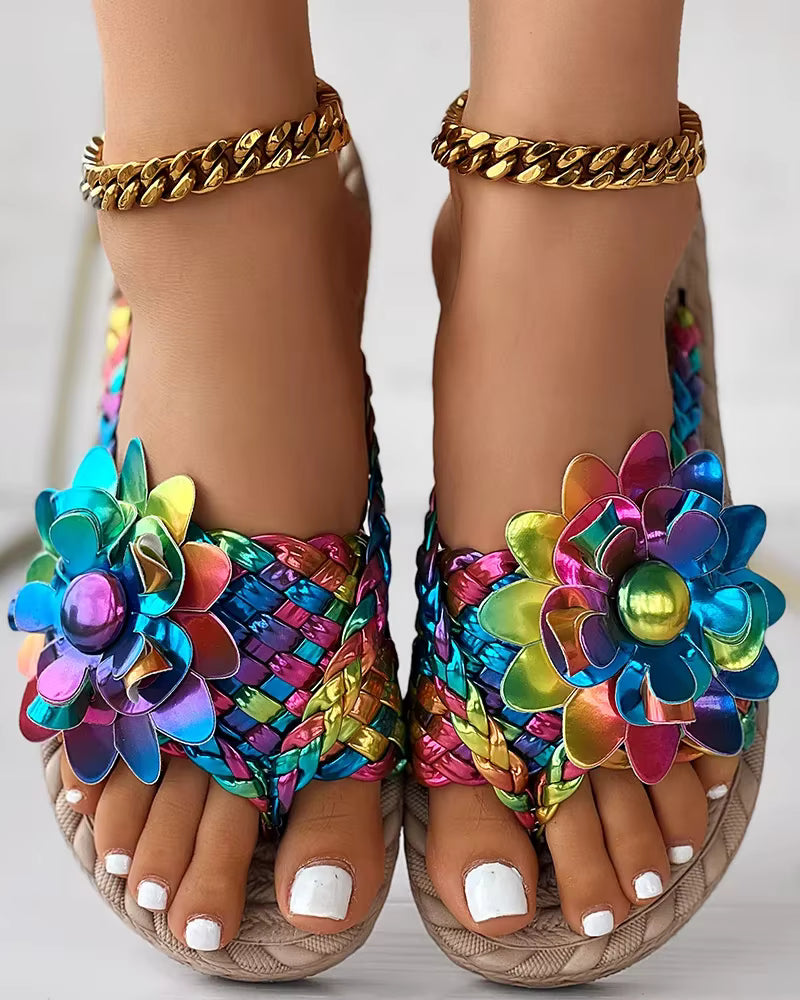 Casual Holographic Braided Floral Pattern Toe Post Beach Flip Flops