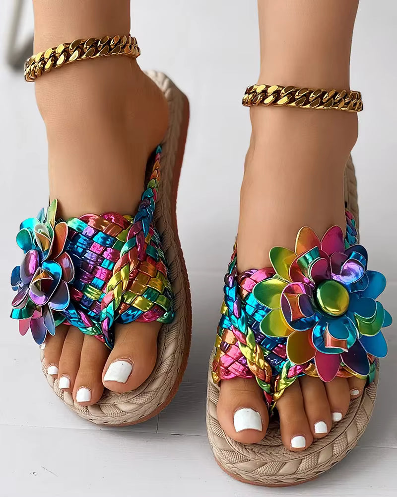 Casual Holographic Braided Floral Pattern Toe Post Beach Flip Flops