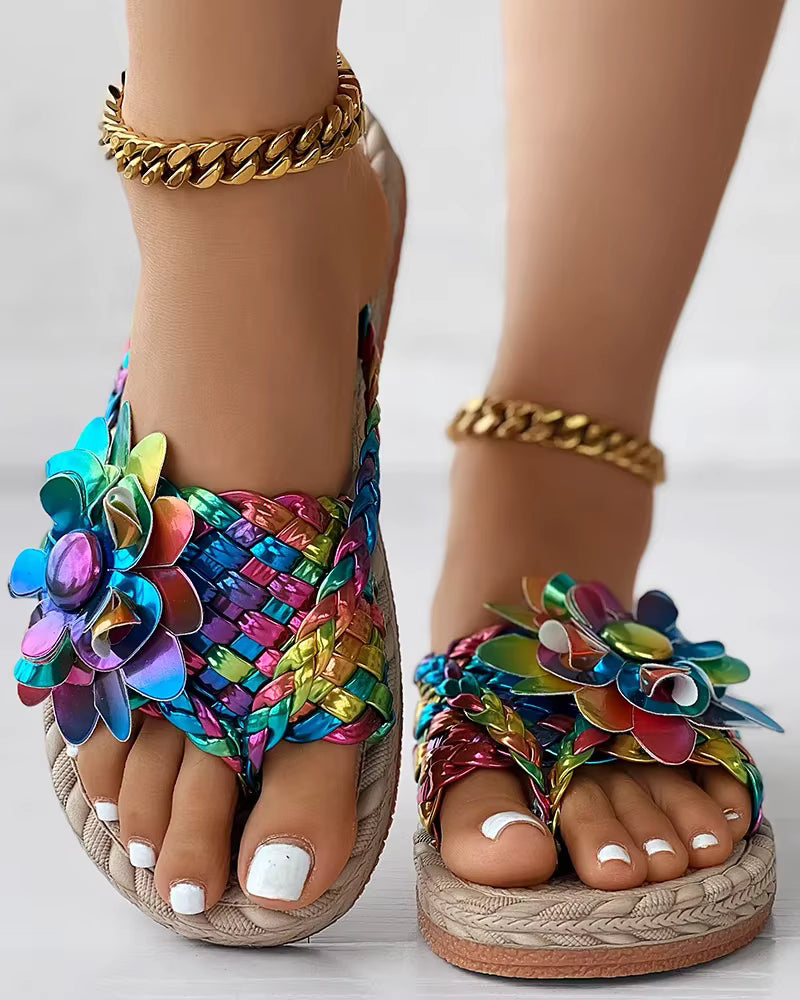 Casual Holographic Braided Floral Pattern Toe Post Beach Flip Flops