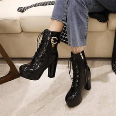 Casual Leather Lace Up Short Round Toe Square Platform Boots