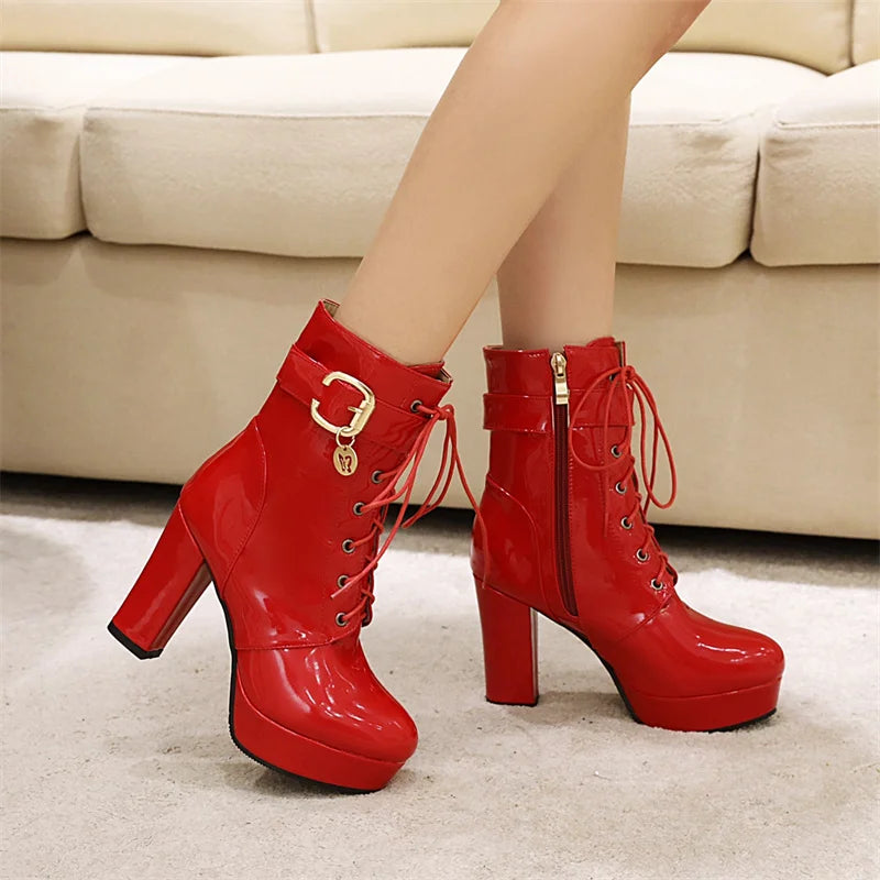 Casual Leather Lace Up Short Round Toe Square Platform Boots
