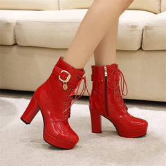 Casual Leather Lace Up Short Round Toe Square Platform Boots