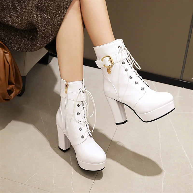 Casual Leather Lace Up Short Round Toe Square Platform Boots