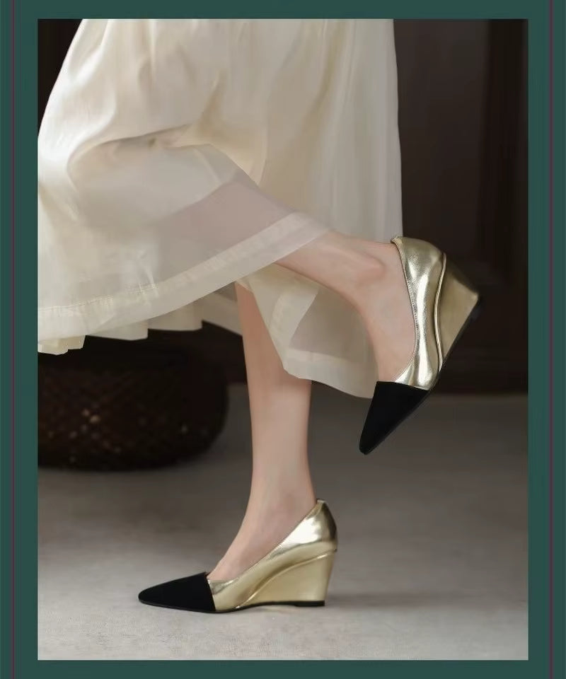 Casual Leather Wedges Office Work Slip On Pointed Toe Pumps High Heels