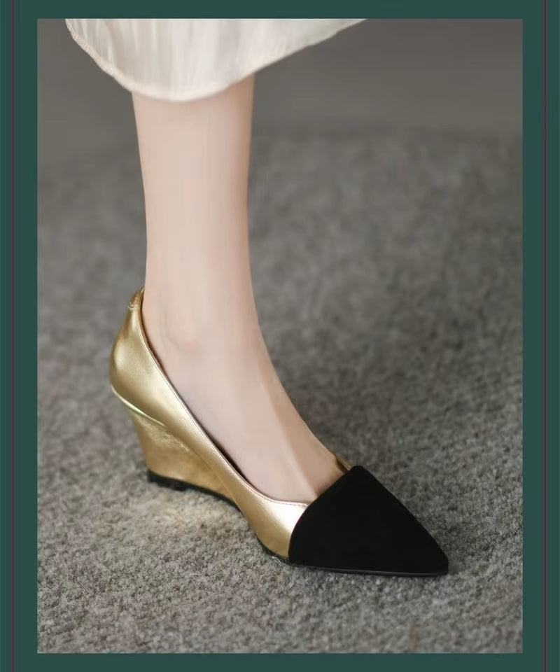 Casual Leather Wedges Office Work Slip On Pointed Toe Pumps High Heels
