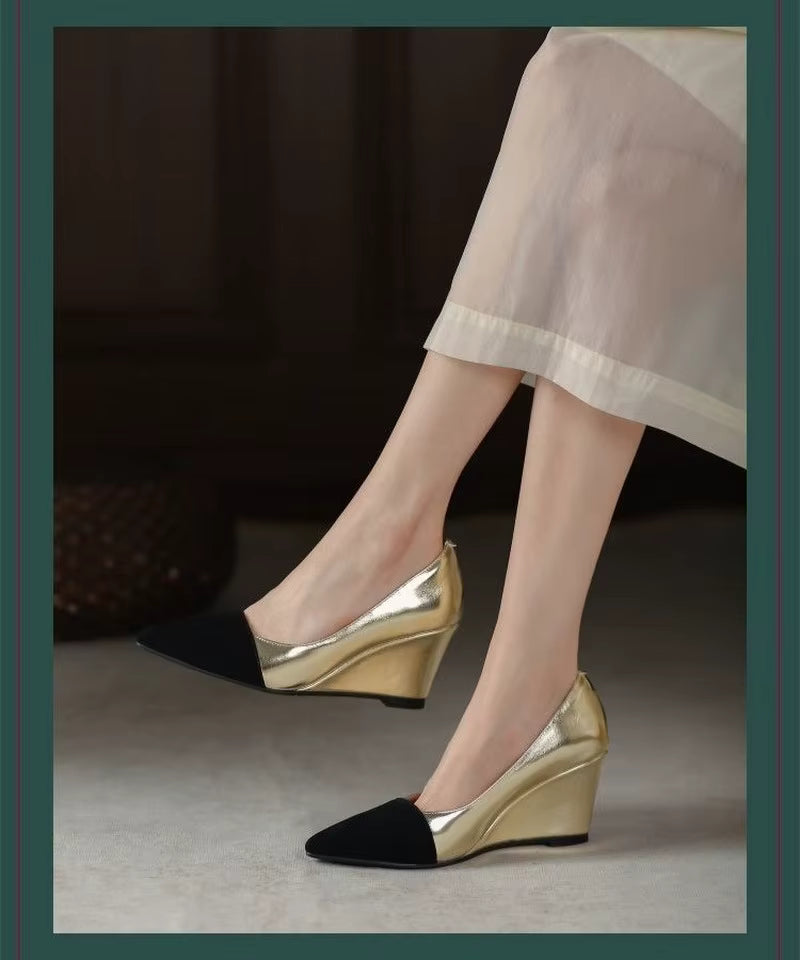 Casual Leather Wedges Office Work Slip On Pointed Toe Pumps High Heels
