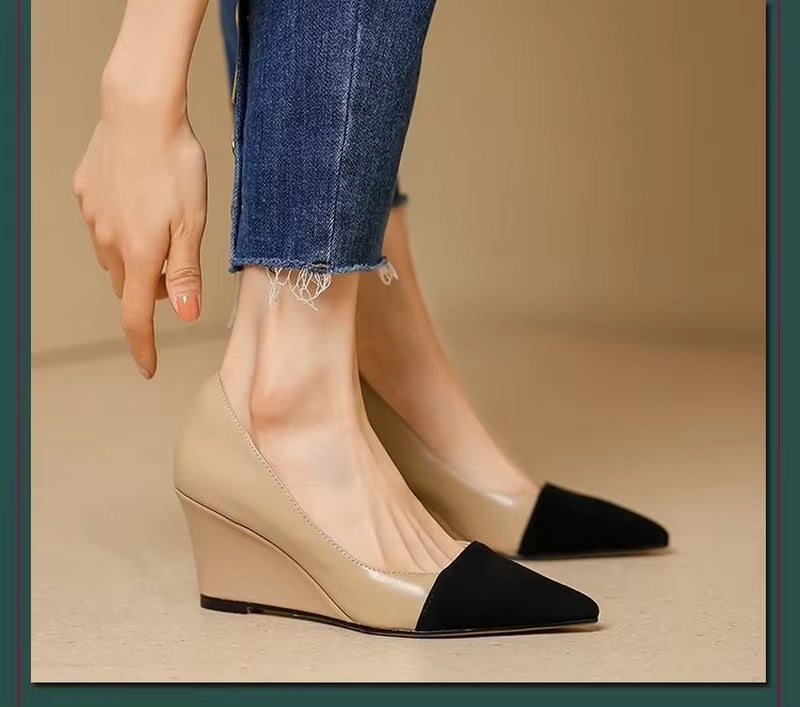 Casual Leather Wedges Office Work Slip On Pointed Toe Pumps High Heels